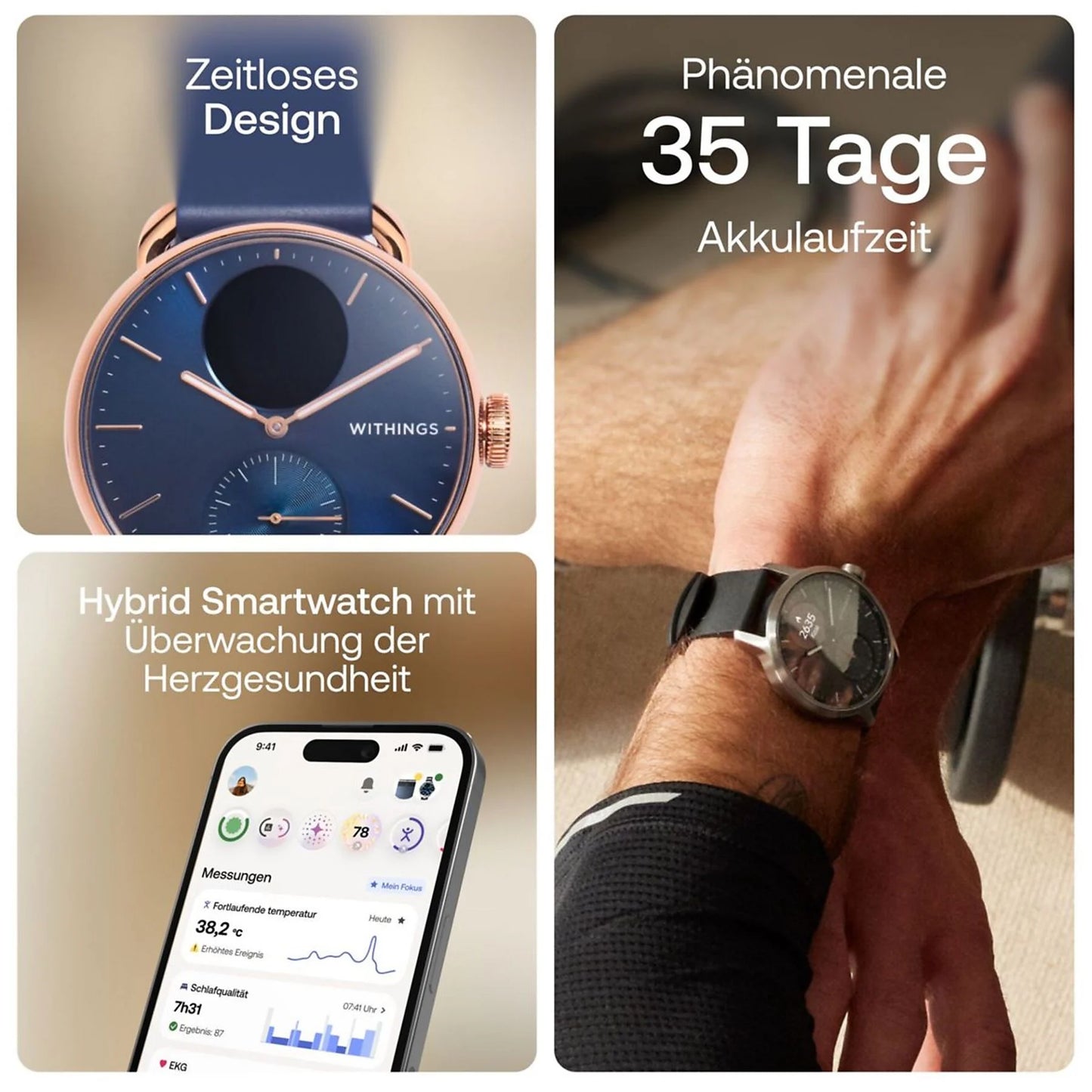WITHINGS ScanWatch 2 38mm Hybride Smartwatch Edelstahl Edelstahl / Kautschuk, roségold