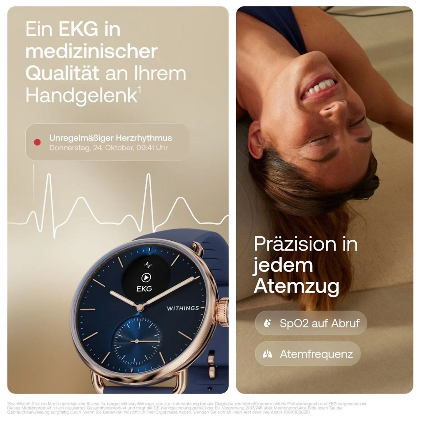 WITHINGS ScanWatch 2 38mm Hybride Smartwatch Edelstahl Edelstahl / Kautschuk, roségold
